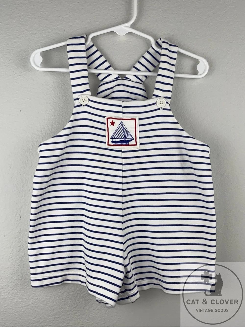 New Potatoes 90s Baby Sailboat Blue White Striped Nautical Vintage Romper 18M